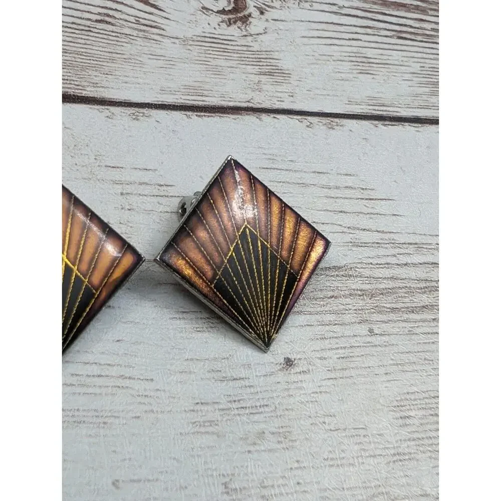Vintage Clip On Earrings Statement Diamond Shape with Design